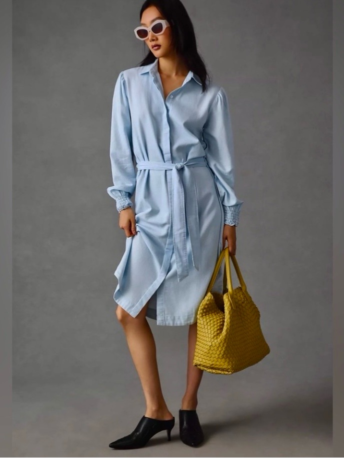 Anthropologie Cloth & Stone Light Blue Midi Shirt Dress With Tie Waist